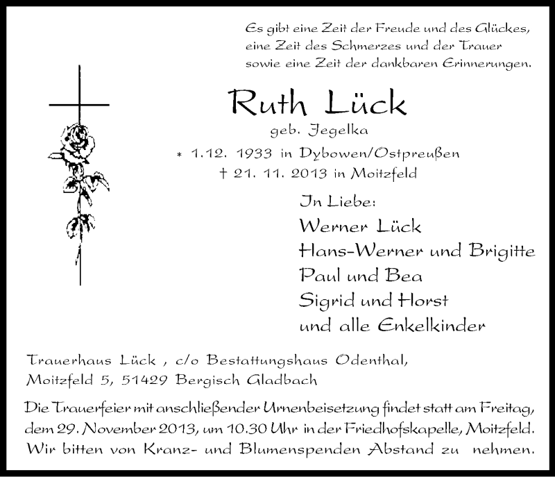  Traueranzeige für Ruth Lück vom 27.11.2013 aus Kölner Stadt-Anzeiger / Kölnische Rundschau / Express