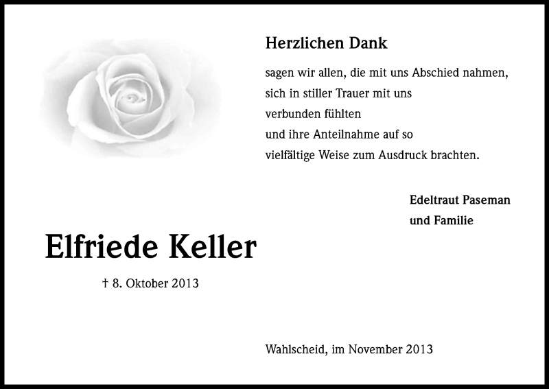  Traueranzeige für Elfriede Keller vom 30.11.2013 aus Kölner Stadt-Anzeiger / Kölnische Rundschau / Express