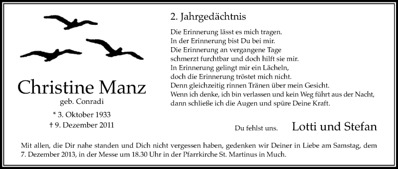  Traueranzeige für Christine Manz vom 30.11.2013 aus Kölner Stadt-Anzeiger / Kölnische Rundschau / Express