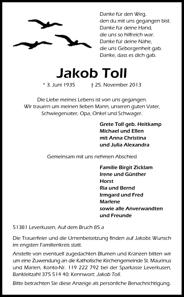  Traueranzeige für Jakob Toll vom 28.11.2013 aus Kölner Stadt-Anzeiger / Kölnische Rundschau / Express