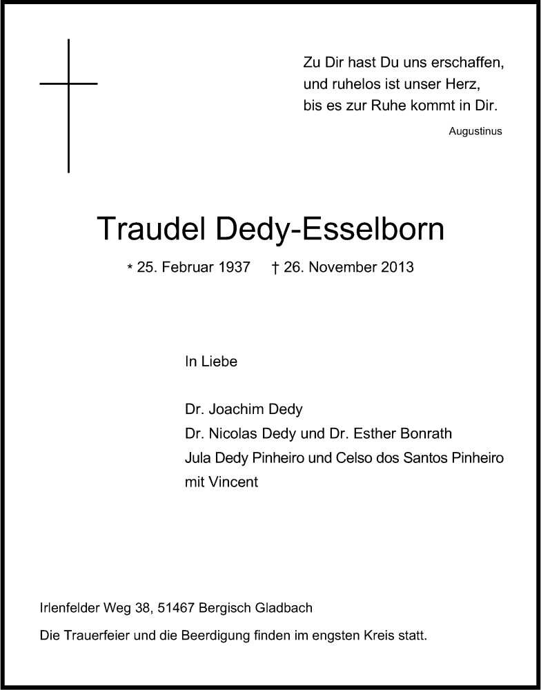  Traueranzeige für Traudel Dedy-Esselborn vom 29.11.2013 aus Kölner Stadt-Anzeiger / Kölnische Rundschau / Express