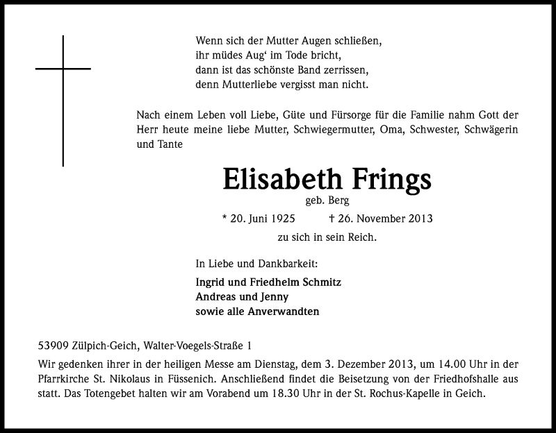  Traueranzeige für Elisabeth Frings vom 29.11.2013 aus Kölner Stadt-Anzeiger / Kölnische Rundschau / Express