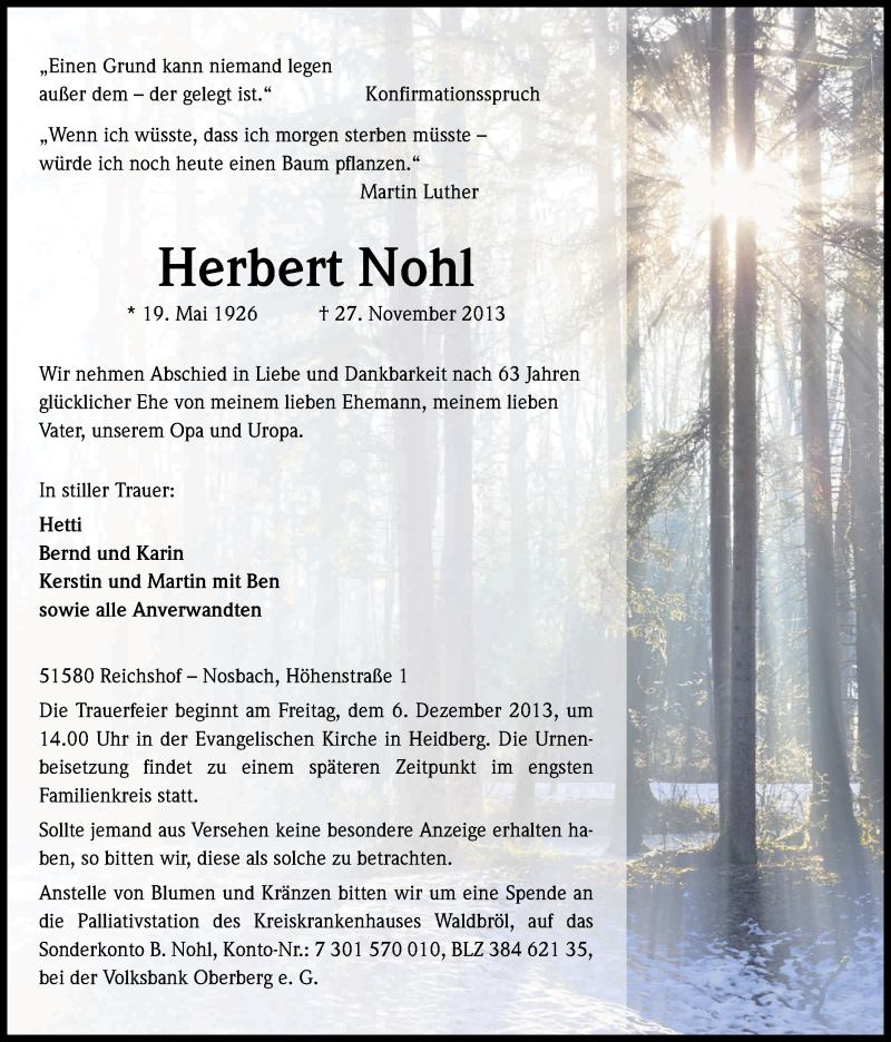  Traueranzeige für Herbert Nohl vom 29.11.2013 aus Kölner Stadt-Anzeiger / Kölnische Rundschau / Express