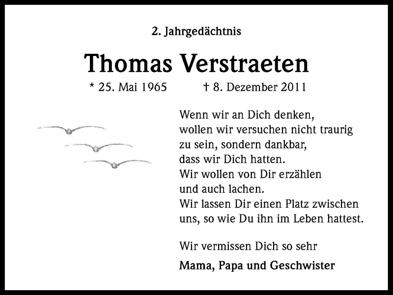  Traueranzeige für Thomas Verstraeten vom 07.12.2013 aus Kölner Stadt-Anzeiger / Kölnische Rundschau / Express