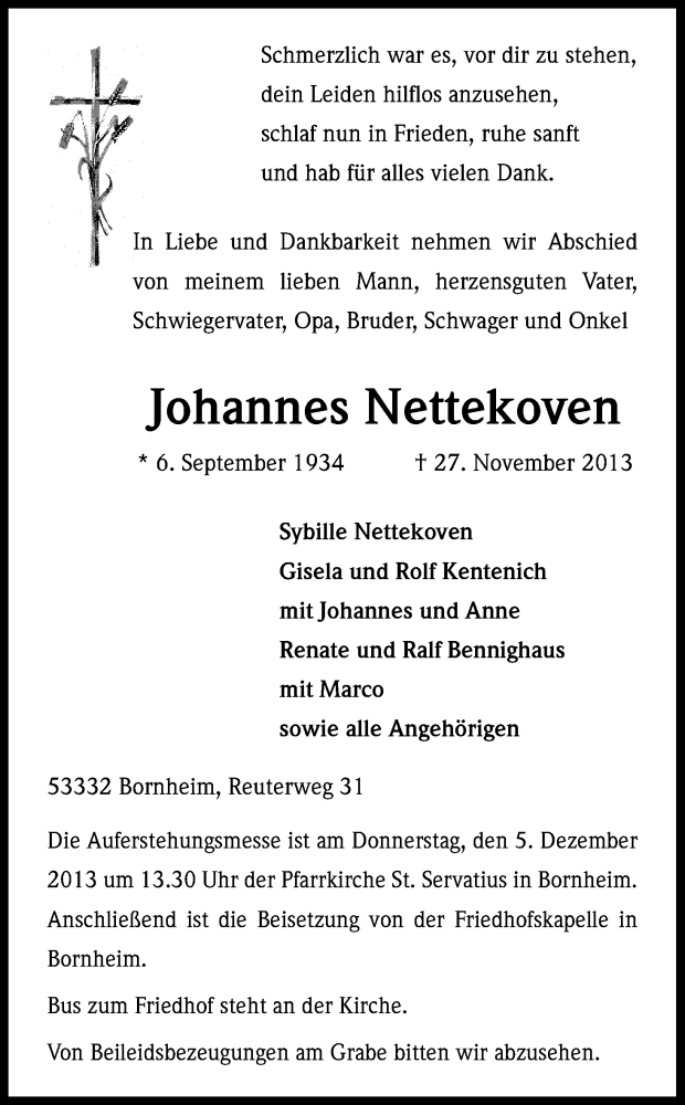  Traueranzeige für Johannes Nettekoven vom 30.11.2013 aus Kölner Stadt-Anzeiger / Kölnische Rundschau / Express