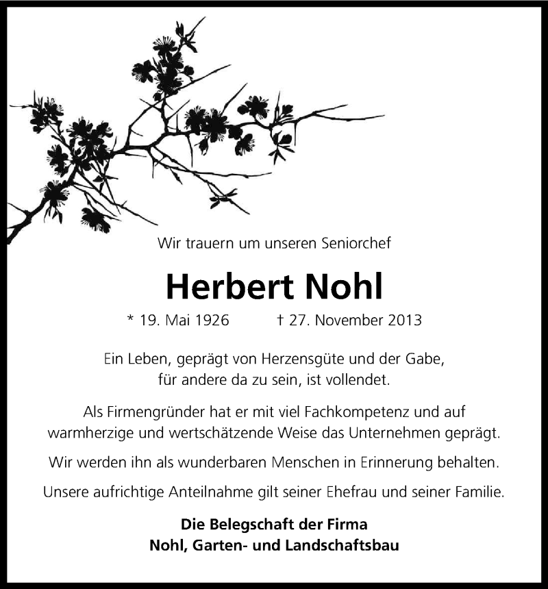  Traueranzeige für Herbert Nohl vom 30.11.2013 aus Kölner Stadt-Anzeiger / Kölnische Rundschau / Express