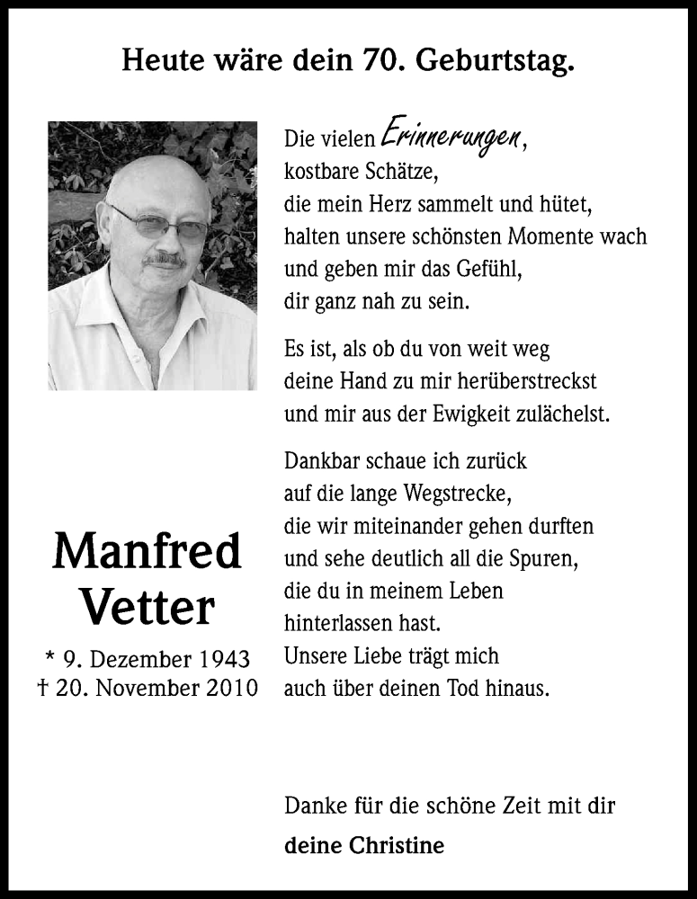  Traueranzeige für Manfred Vetter vom 09.12.2013 aus Kölner Stadt-Anzeiger / Kölnische Rundschau / Express