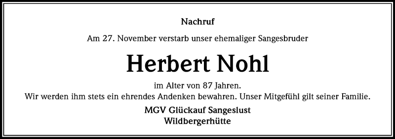  Traueranzeige für Herbert Nohl vom 05.12.2013 aus Kölner Stadt-Anzeiger / Kölnische Rundschau / Express