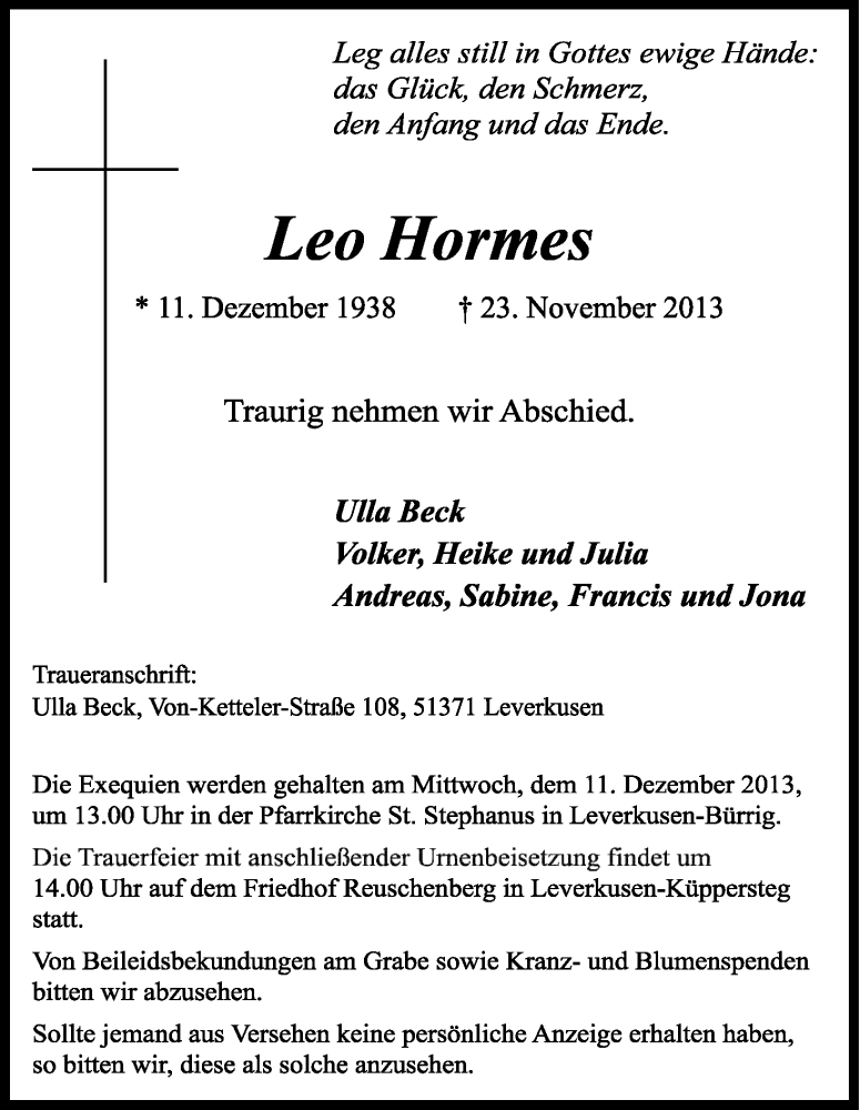  Traueranzeige für Leo Hormes vom 05.12.2013 aus Kölner Stadt-Anzeiger / Kölnische Rundschau / Express