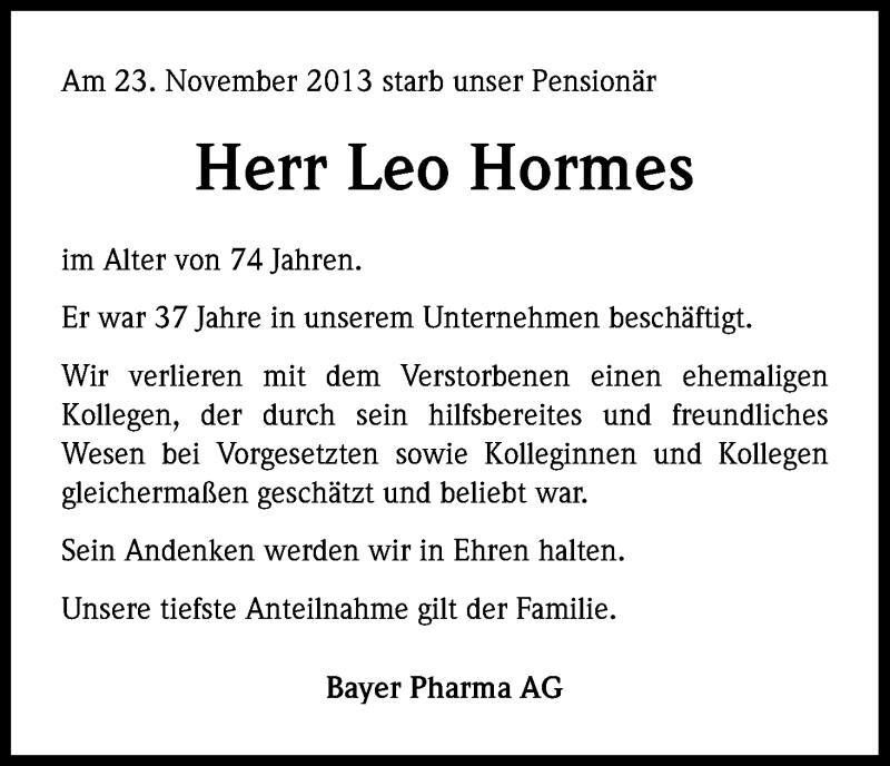  Traueranzeige für Leo Hormes vom 05.12.2013 aus Kölner Stadt-Anzeiger / Kölnische Rundschau / Express