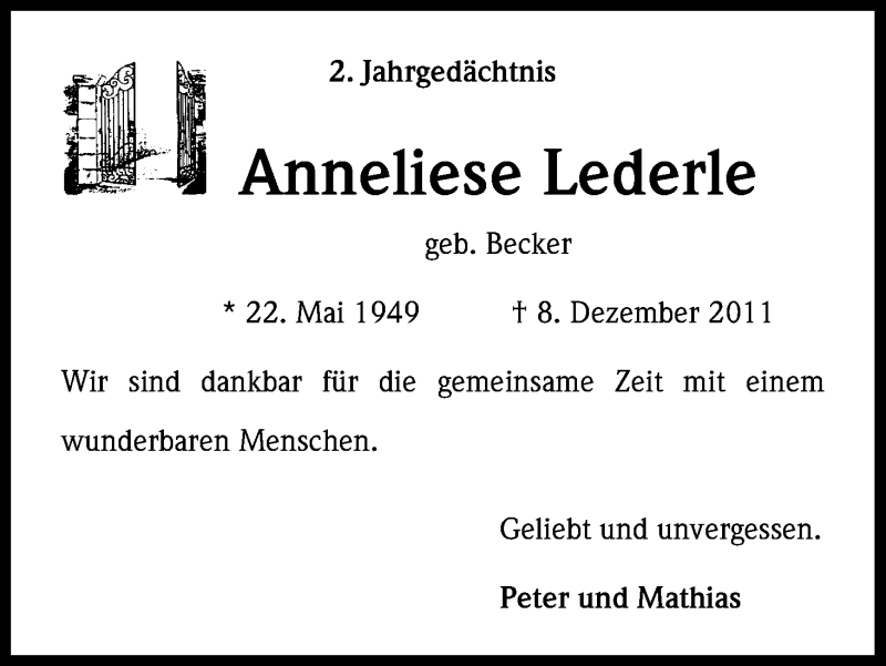  Traueranzeige für Anneliese Lederle vom 07.12.2013 aus Kölner Stadt-Anzeiger / Kölnische Rundschau / Express