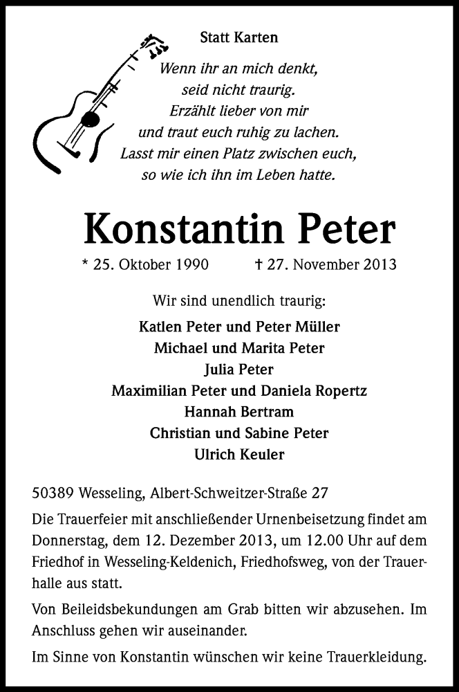  Traueranzeige für Konstantin Peter vom 07.12.2013 aus Kölner Stadt-Anzeiger / Kölnische Rundschau / Express