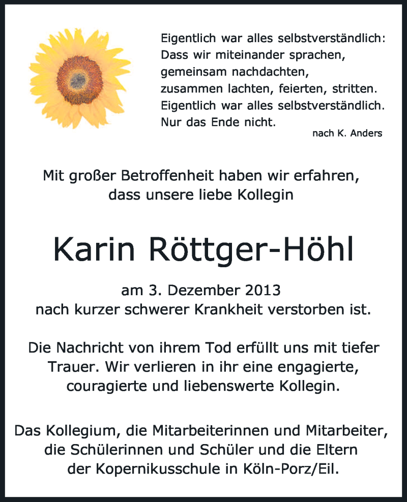  Traueranzeige für Karin Röttgen-Höhl vom 07.12.2013 aus Kölner Stadt-Anzeiger / Kölnische Rundschau / Express