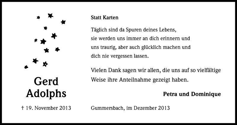  Traueranzeige für Gerd Adolphs vom 20.12.2013 aus Kölner Stadt-Anzeiger / Kölnische Rundschau / Express