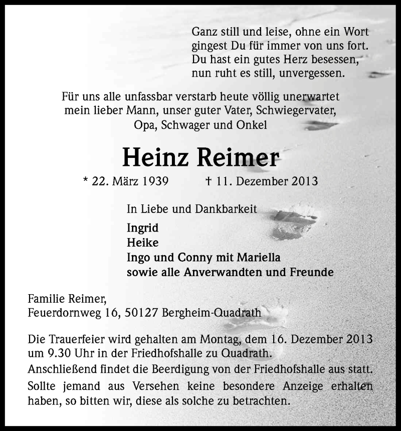  Traueranzeige für Heinz Reimer vom 14.12.2013 aus Kölner Stadt-Anzeiger / Kölnische Rundschau / Express