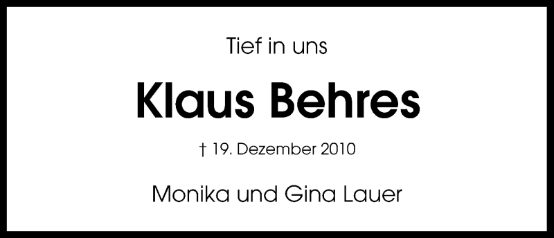  Traueranzeige für Klaus Behres vom 19.12.2013 aus Kölner Stadt-Anzeiger / Kölnische Rundschau / Express