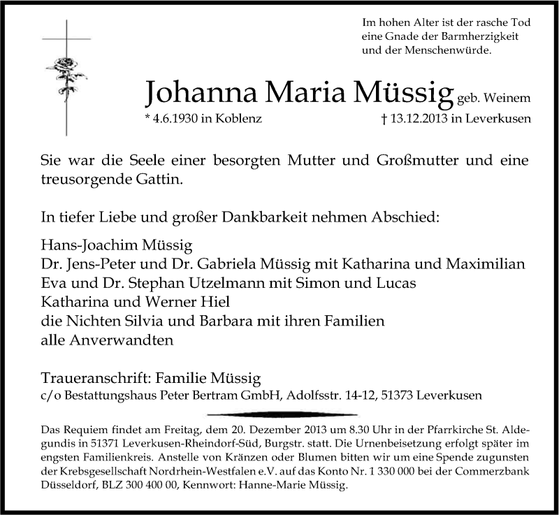  Traueranzeige für Johanna Maria Müssig vom 17.12.2013 aus Kölner Stadt-Anzeiger / Kölnische Rundschau / Express