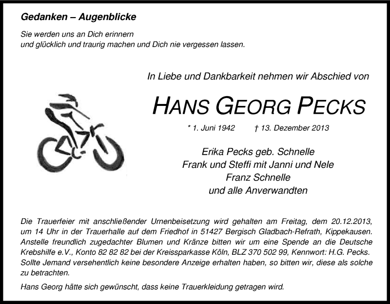  Traueranzeige für Hans Georg Pecks vom 17.12.2013 aus Kölner Stadt-Anzeiger / Kölnische Rundschau / Express