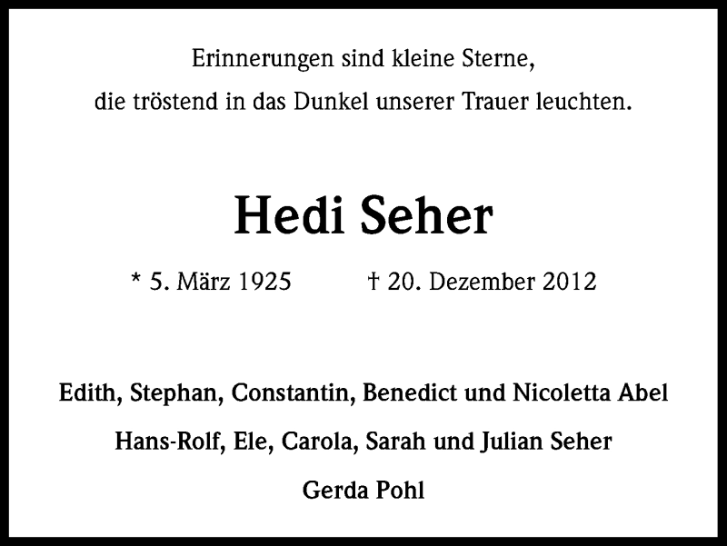  Traueranzeige für Hedi Seher vom 20.12.2013 aus Kölner Stadt-Anzeiger / Kölnische Rundschau / Express