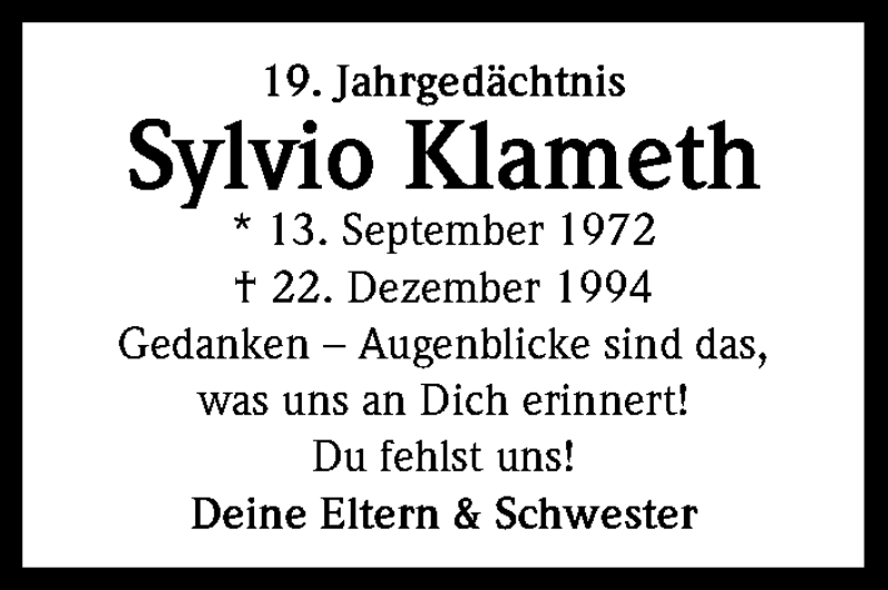 Traueranzeige für Sylvio Klameth vom 21.12.2013 aus Kölner Stadt-Anzeiger / Kölnische Rundschau / Express
