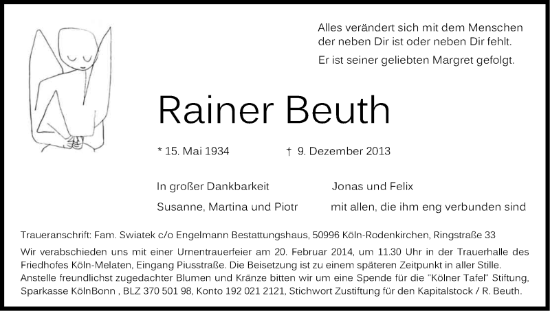  Traueranzeige für Rainer Beuth vom 21.12.2013 aus Kölner Stadt-Anzeiger / Kölnische Rundschau / Express