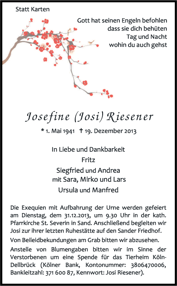  Traueranzeige für Josefine Riesener vom 21.12.2013 aus Kölner Stadt-Anzeiger / Kölnische Rundschau / Express