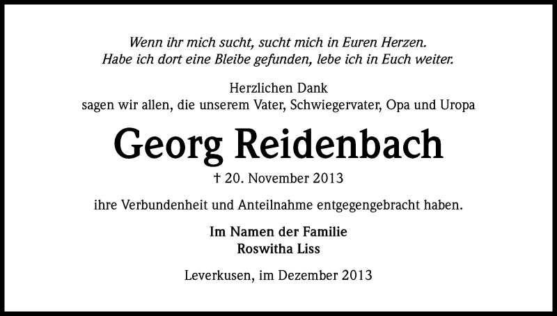  Traueranzeige für Georg Reidenbach vom 21.12.2013 aus Kölner Stadt-Anzeiger / Kölnische Rundschau / Express