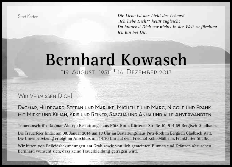  Traueranzeige für Bernhard Kowasch vom 28.12.2013 aus Kölner Stadt-Anzeiger / Kölnische Rundschau / Express