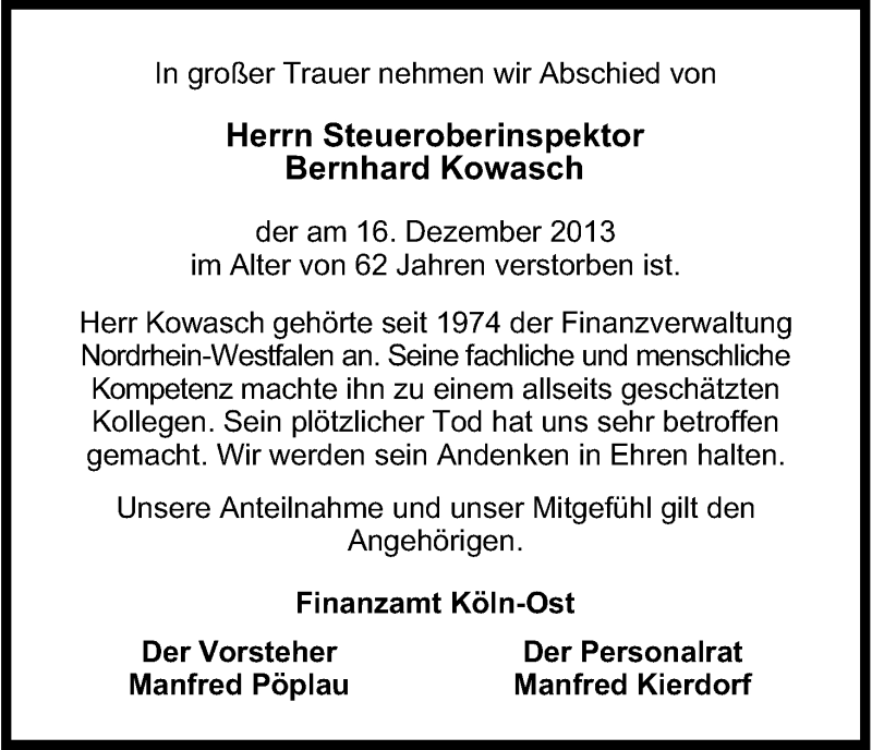  Traueranzeige für Bernhard Kowasch vom 28.12.2013 aus Kölner Stadt-Anzeiger / Kölnische Rundschau / Express