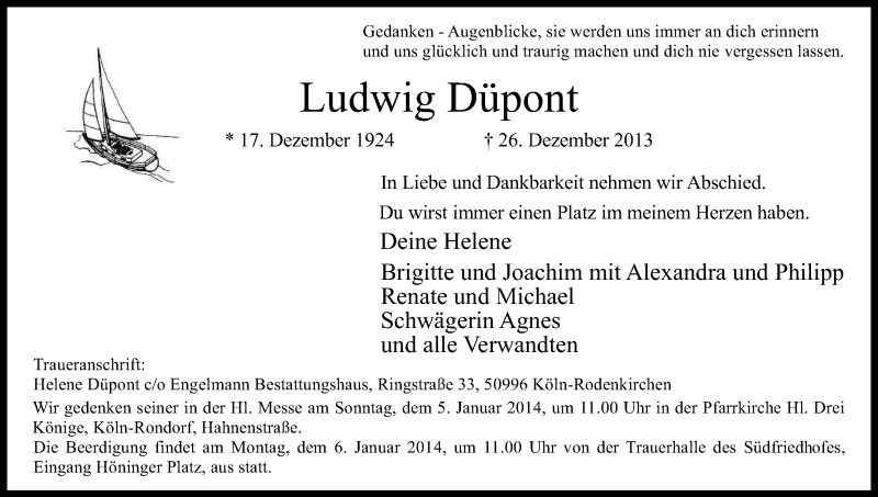 Traueranzeige für Ludwig Düpont vom 04.01.2014 aus Kölner Stadt-Anzeiger / Kölnische Rundschau / Express