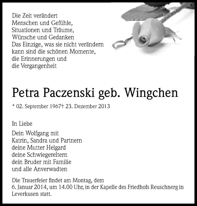  Traueranzeige für Petra Paczenski vom 04.01.2014 aus Kölner Stadt-Anzeiger / Kölnische Rundschau / Express