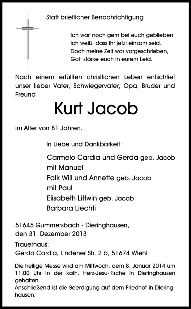  Traueranzeige für Kurt Jacob vom 06.01.2014 aus Kölner Stadt-Anzeiger / Kölnische Rundschau / Express