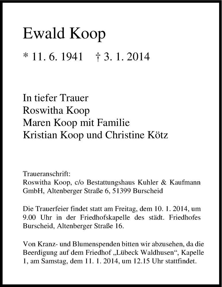  Traueranzeige für Ewald Koop vom 08.01.2014 aus Kölner Stadt-Anzeiger / Kölnische Rundschau / Express