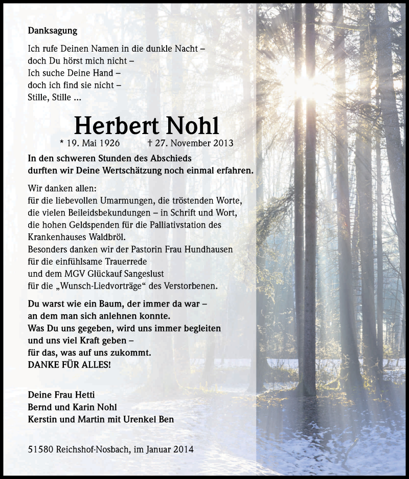  Traueranzeige für Herbert Nohl vom 10.01.2014 aus Kölner Stadt-Anzeiger / Kölnische Rundschau / Express