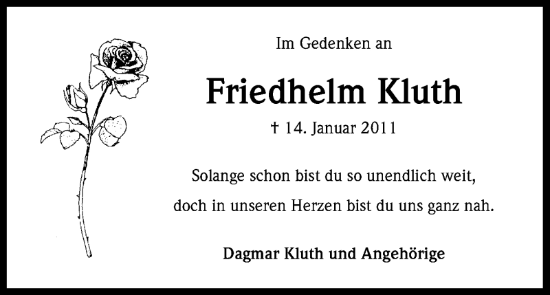  Traueranzeige für Friedhelm Kluth vom 14.01.2014 aus Kölner Stadt-Anzeiger / Kölnische Rundschau / Express