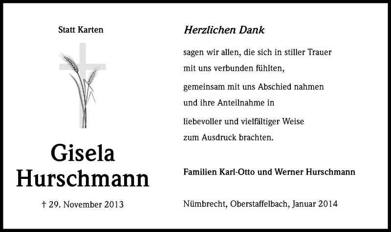  Traueranzeige für Gisela Hurschmann vom 11.01.2014 aus Kölner Stadt-Anzeiger / Kölnische Rundschau / Express