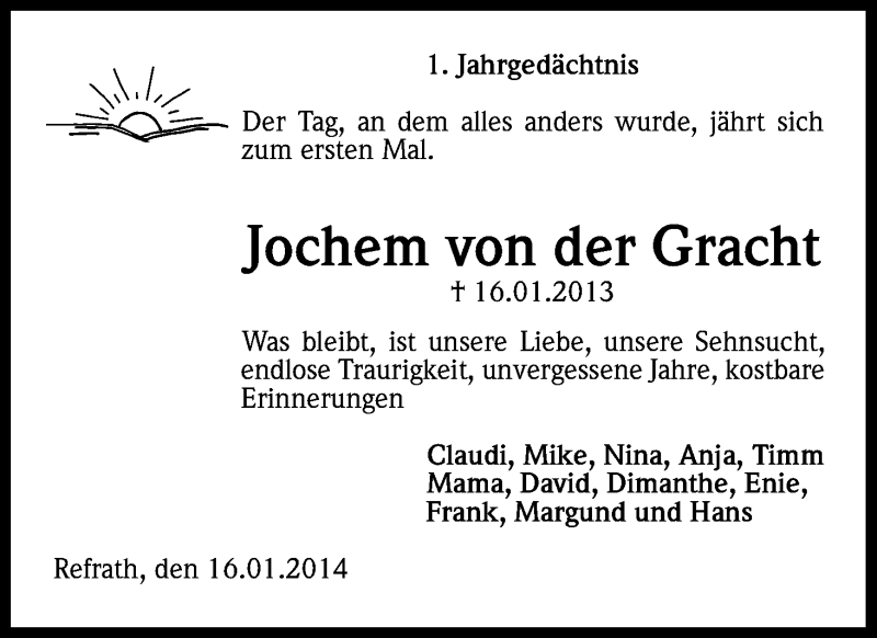  Traueranzeige für Jochem von der Gracht vom 16.01.2014 aus Kölner Stadt-Anzeiger / Kölnische Rundschau / Express