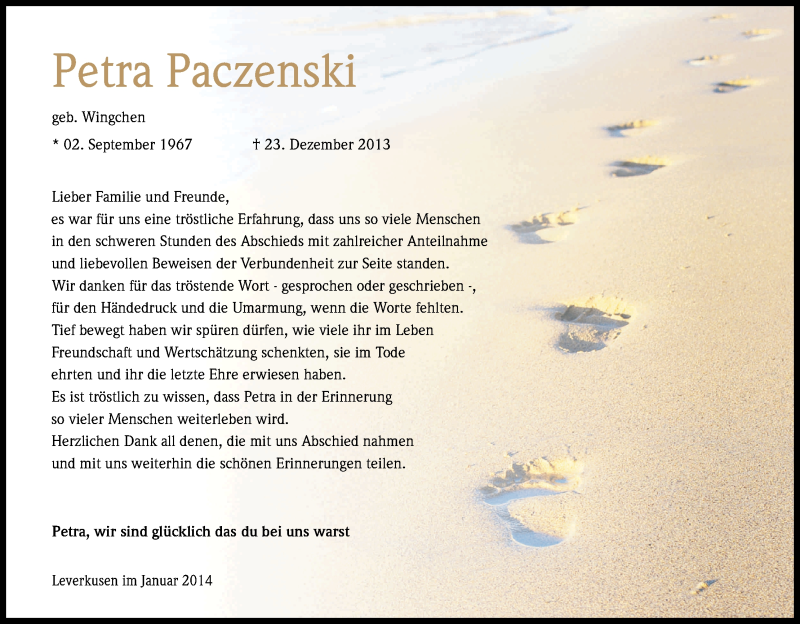  Traueranzeige für Petra Paczenski vom 18.01.2014 aus Kölner Stadt-Anzeiger / Kölnische Rundschau / Express