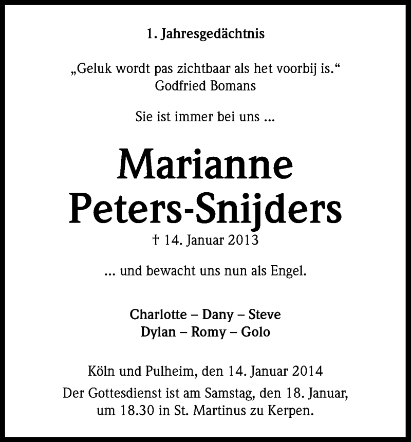  Traueranzeige für Marianne Peters-Snijders vom 18.01.2014 aus Kölner Stadt-Anzeiger / Kölnische Rundschau / Express