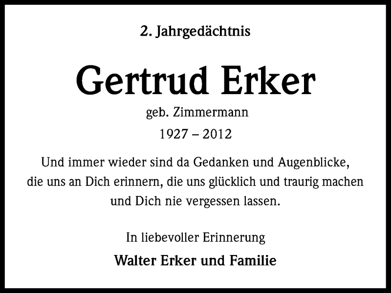  Traueranzeige für Gertrud Erker vom 10.02.2014 aus Kölner Stadt-Anzeiger / Kölnische Rundschau / Express