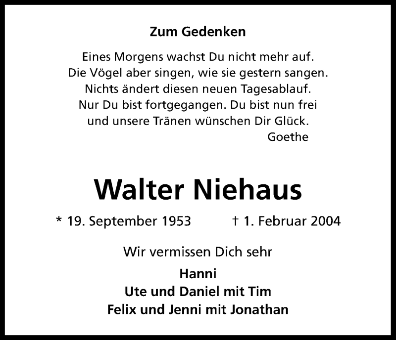  Traueranzeige für Niehaus Walter vom 01.02.2014 aus Kölner Stadt-Anzeiger / Kölnische Rundschau / Express