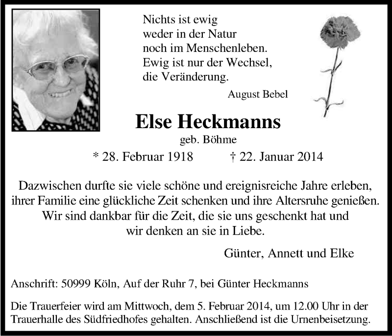  Traueranzeige für Else Heckmanns vom 29.01.2014 aus Kölner Stadt-Anzeiger / Kölnische Rundschau / Express