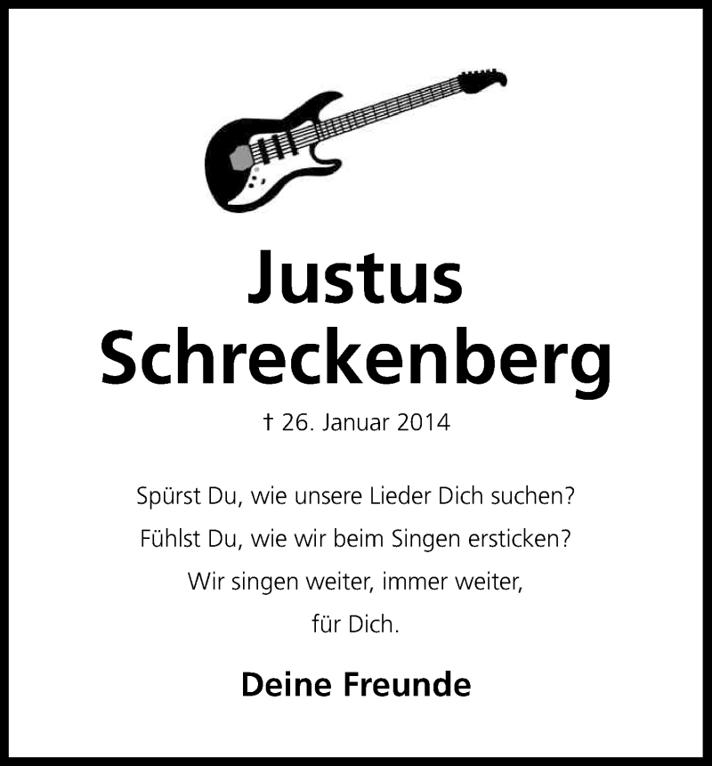  Traueranzeige für Justus Schreckenberg vom 01.02.2014 aus Kölner Stadt-Anzeiger / Kölnische Rundschau / Express