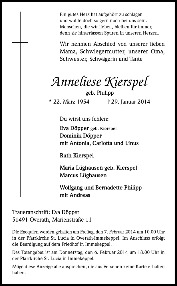  Traueranzeige für Anneliese Kierspel vom 03.02.2014 aus Kölner Stadt-Anzeiger / Kölnische Rundschau / Express