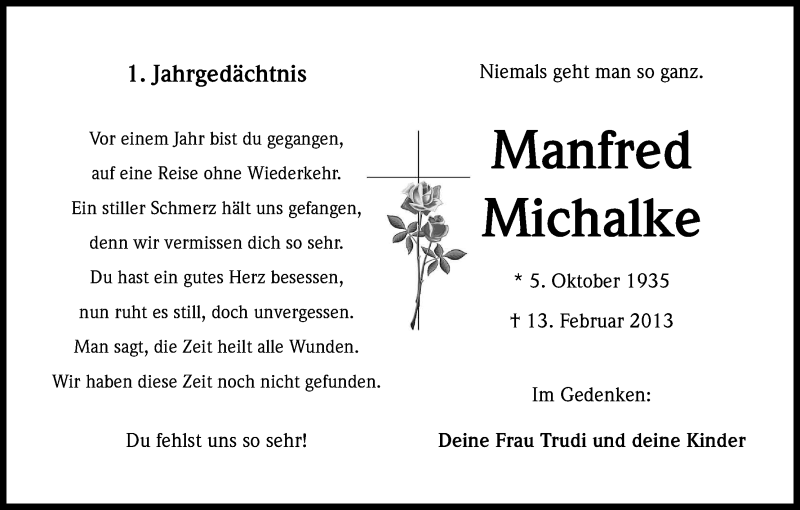  Traueranzeige für Manfred Michalke vom 08.02.2014 aus Kölner Stadt-Anzeiger / Kölnische Rundschau / Express
