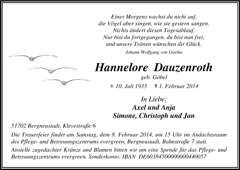  Traueranzeige für Hannelore Dauzenroth vom 05.02.2014 aus Kölner Stadt-Anzeiger / Kölnische Rundschau / Express