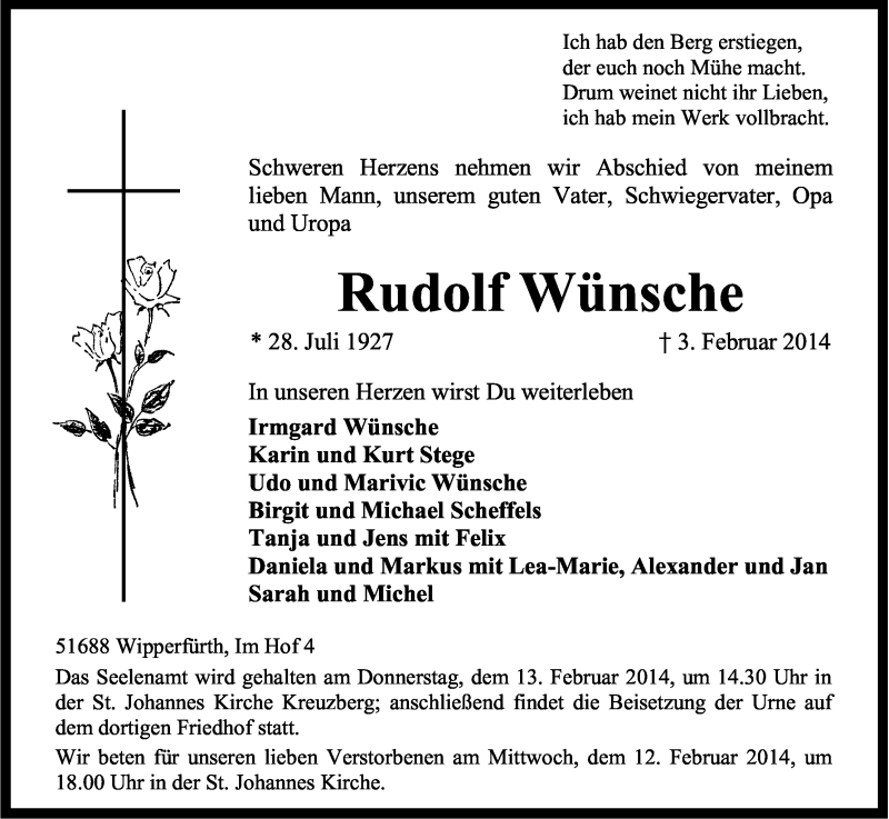  Traueranzeige für Rudolf Wünsche vom 08.02.2014 aus Kölner Stadt-Anzeiger / Kölnische Rundschau / Express