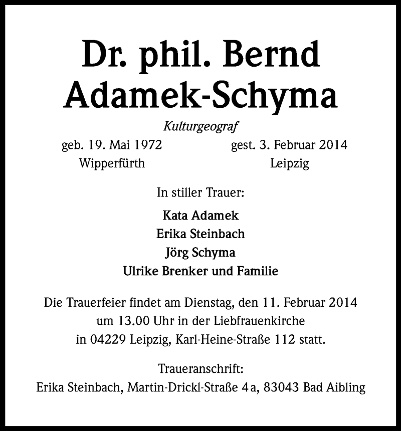  Traueranzeige für Bernd Adamek-Schyma vom 06.02.2014 aus Kölner Stadt-Anzeiger / Kölnische Rundschau / Express
