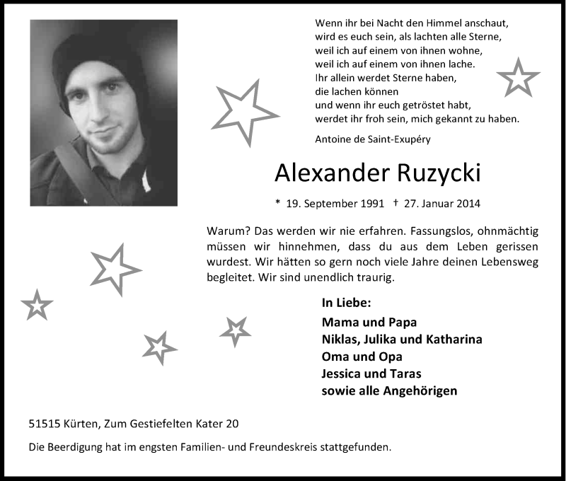  Traueranzeige für Alexander Ruzycki vom 08.02.2014 aus Kölner Stadt-Anzeiger / Kölnische Rundschau / Express