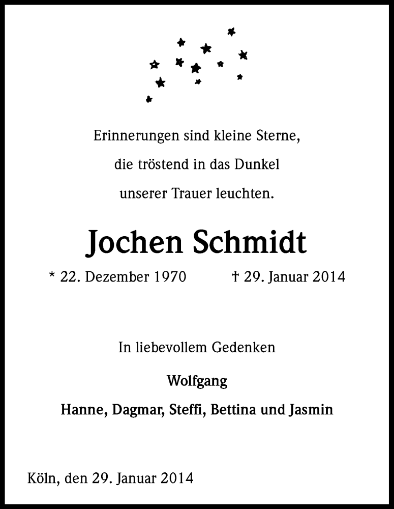  Traueranzeige für Jochen Schmidt vom 08.02.2014 aus Kölner Stadt-Anzeiger / Kölnische Rundschau / Express